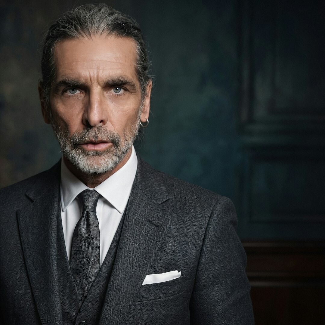 Studio portrait of an older white businessman with grey hair